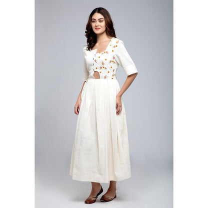 S & V designs Yellow Embroidered Half Sleeves Maxi Dress
