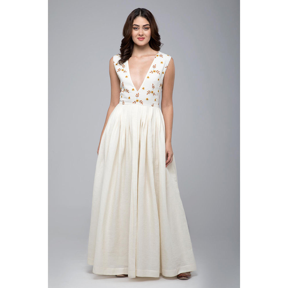 S & V designs Yellow Embroidered Floor Length Sleeveless Gown with Jacket (Set of 2)