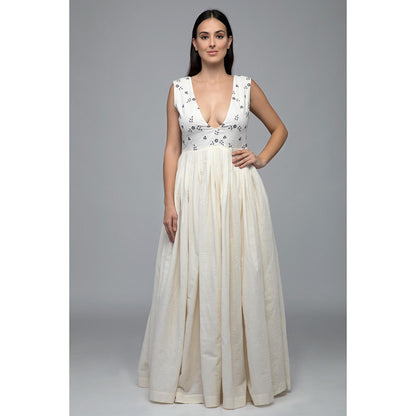 S & V designs Blue Embroidered Floor Length Sleeveless Gown with Jacket (Set of 2)