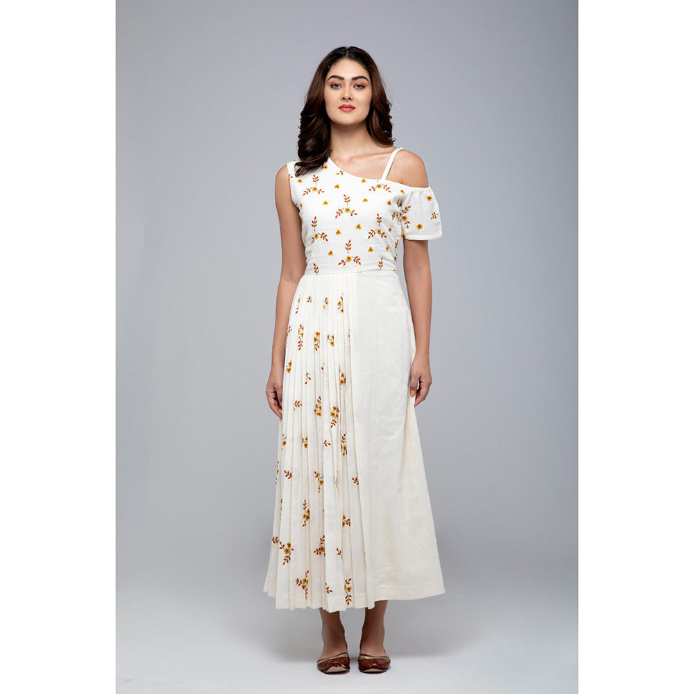 S & V designs Yellow Embroidered Cold Shoulder Sleeve Maxi Dress