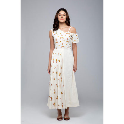 S & V designs Yellow Embroidered Cold Shoulder Sleeve Maxi Dress