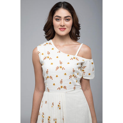 S & V designs Yellow Embroidered Cold Shoulder Sleeve Maxi Dress