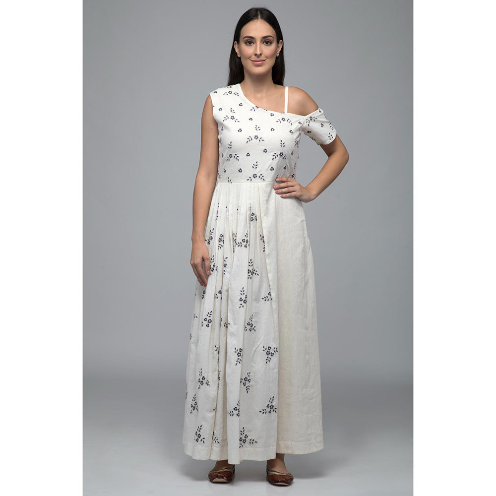 S & V designs Blue Embroidered Cold Shoulder Sleeve Maxi Dress