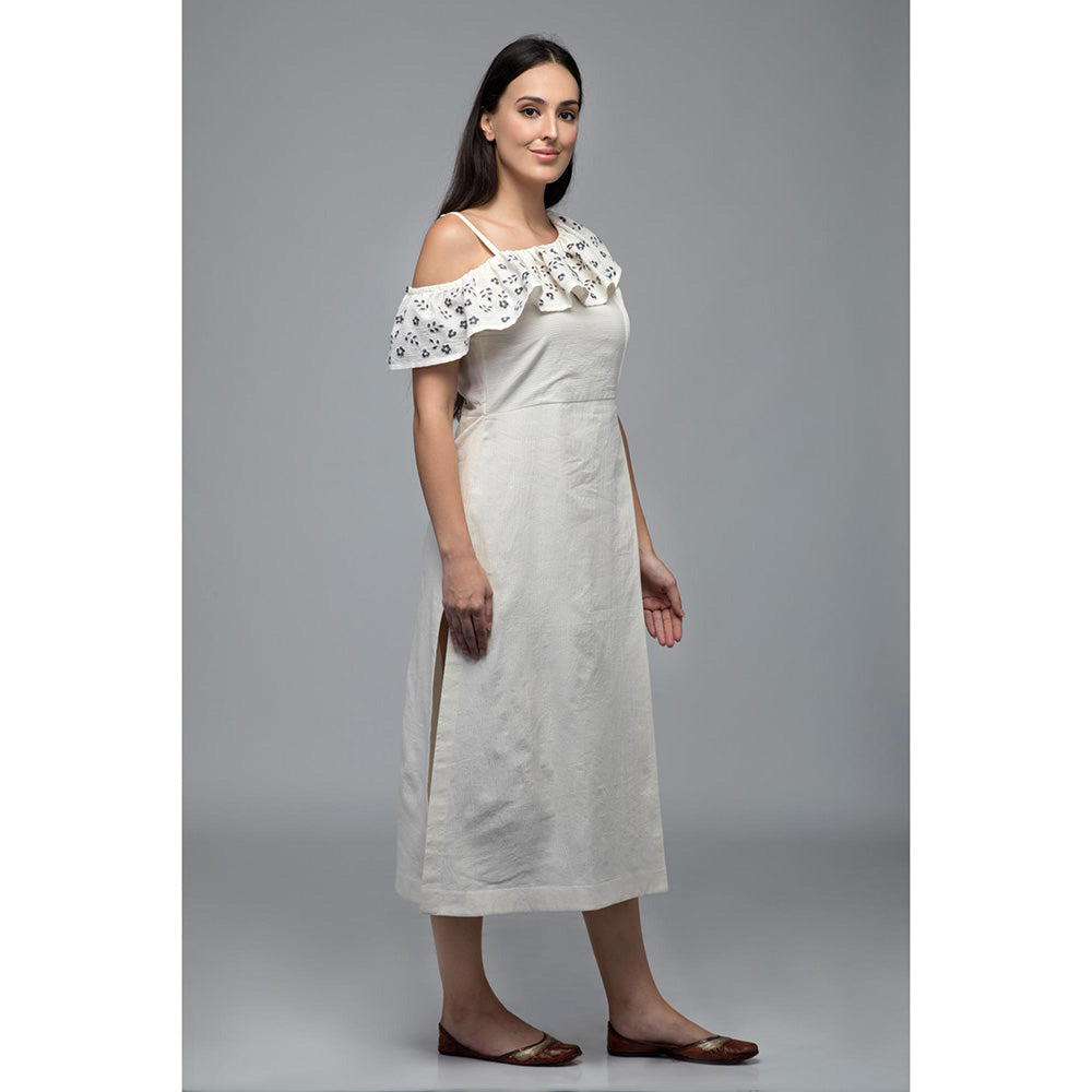 S & V designs Blue One-Shoulder Frill Side Slit Midi Dress