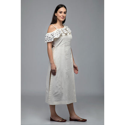 S & V designs Blue One-Shoulder Frill Side Slit Midi Dress