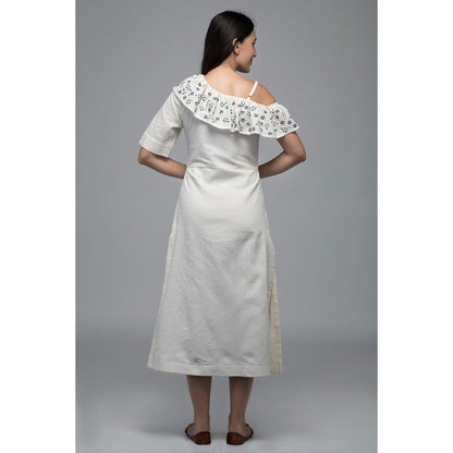 S & V designs Blue One-Shoulder Frill Side Slit Midi Dress