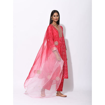 Swati Vijaivargie Pink Embroidered V Neck Shibori Kurta With Pant And Dupatta (Set of 3)