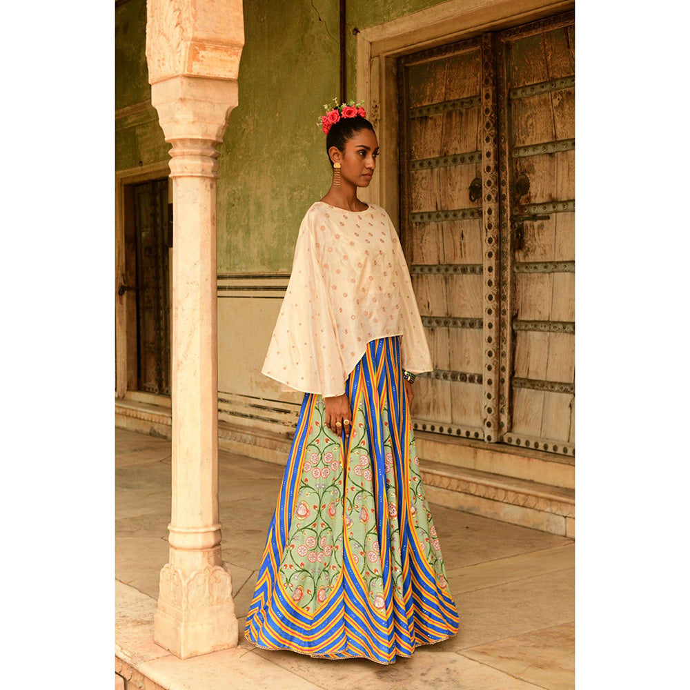 Swati Vijaivargie Off white & Blue Deewani Cape & Lehenga (Set of 2)