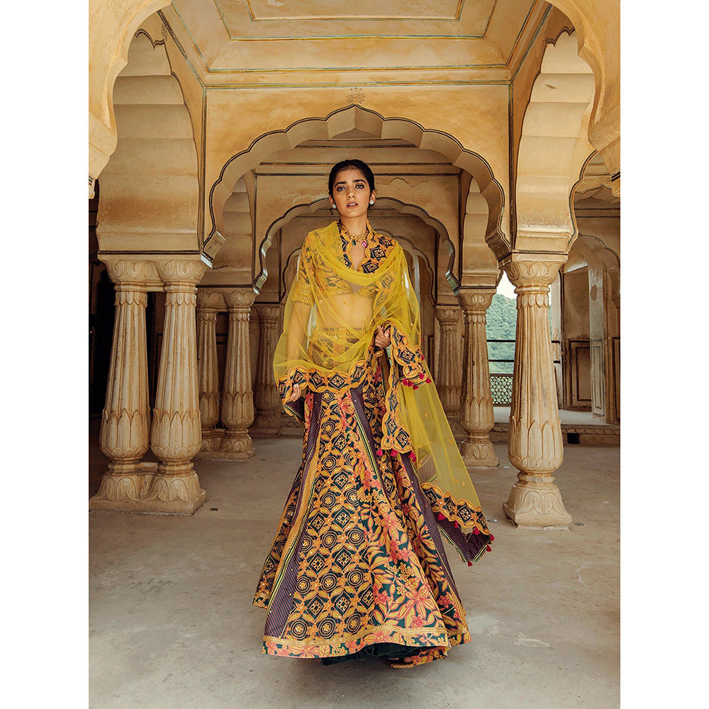 Swati Vijaivargie Udaipur Lehenga with Biyawar Blouse & Badmer Dupatta (Set of 3)