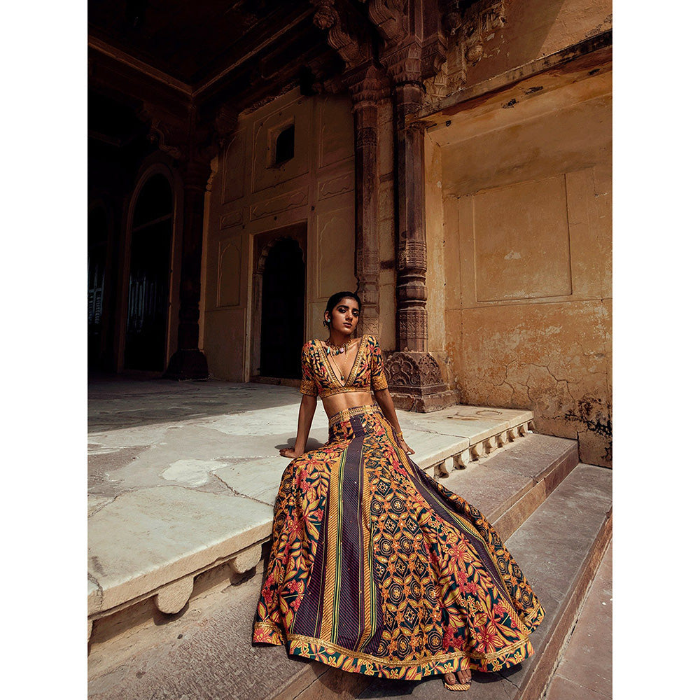 Swati Vijaivargie Udaipur Lehenga with Biyawar Blouse & Badmer Dupatta (Set of 3)