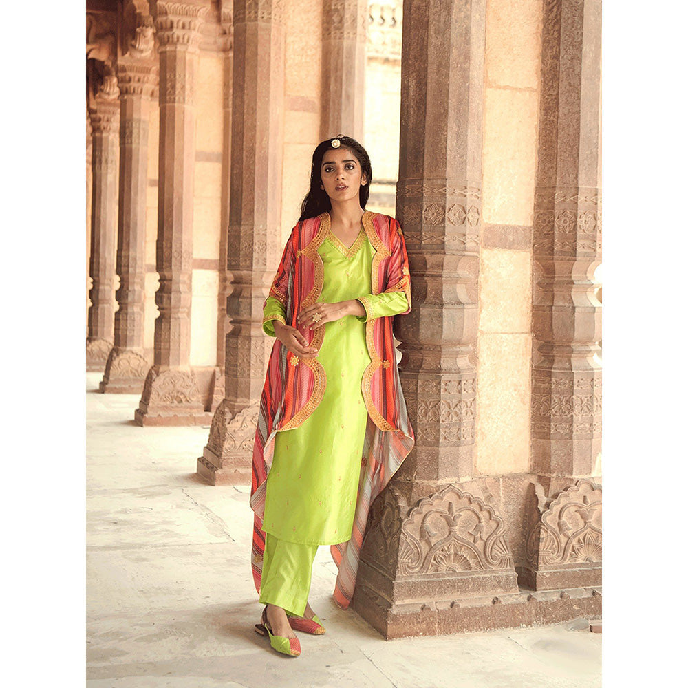 Swati Vijaivargie Mela Neon Green Kurta & Pant with Printed Cape (Set of 3)