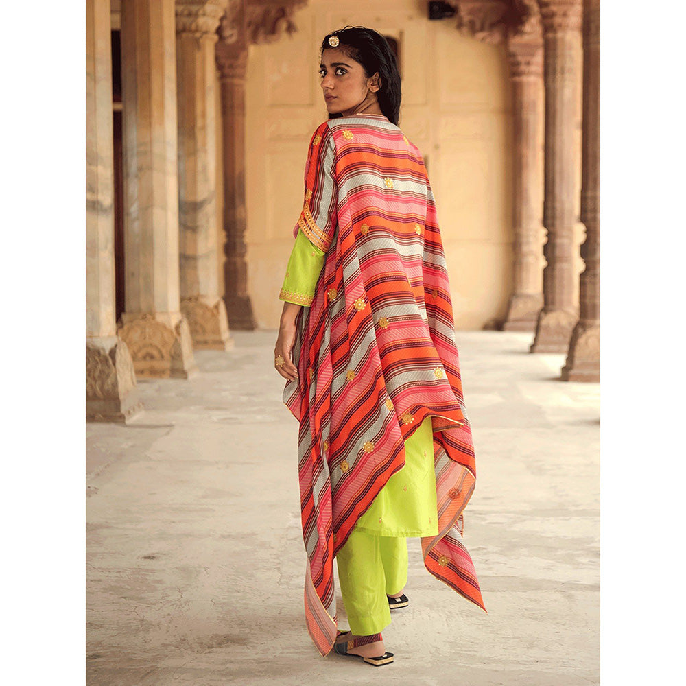 Swati Vijaivargie Mela Neon Green Kurta & Pant with Printed Cape (Set of 3)