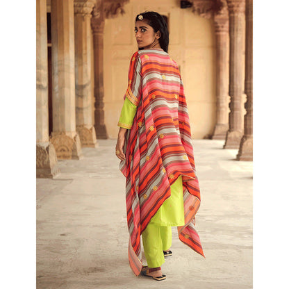 Swati Vijaivargie Mela Neon Green Kurta & Pant with Printed Cape (Set of 3)