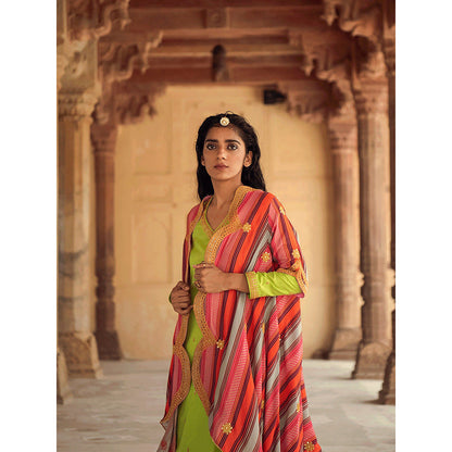 Swati Vijaivargie Mela Neon Green Kurta & Pant with Printed Cape (Set of 3)