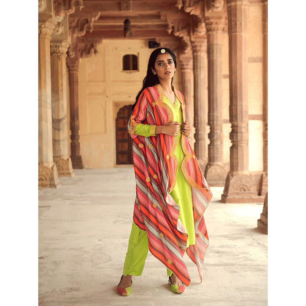 Swati Vijaivargie Mela Neon Green Kurta & Pant with Printed Cape (Set of 3)