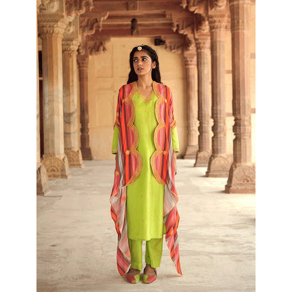 Swati Vijaivargie Mela Neon Green Kurta & Pant with Printed Cape (Set of 3)
