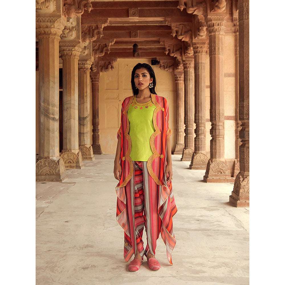 Swati Vijaivargie Mela Striped Dhoti Pant with Cape and Top (Set of 3)