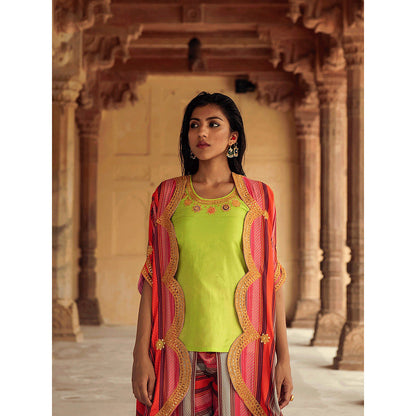 Swati Vijaivargie Mela Striped Dhoti Pant with Cape and Top (Set of 3)