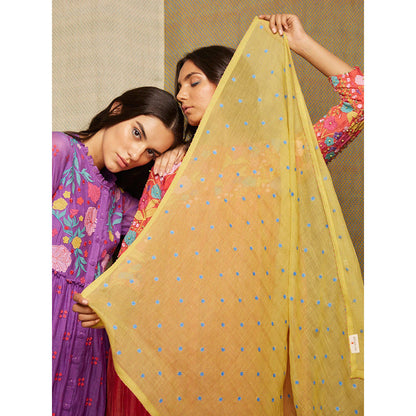 Swati Vijaivargie Rose Yellow With Indigo Buti Scarf