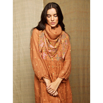 Swati Vijaivargie Rose Brown Embroidered Scarf