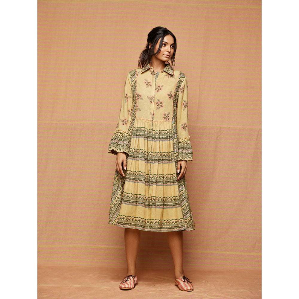 Swati Vijaivargie Beige Helen Print Blocked Gathered Dress