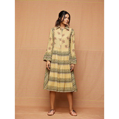 Swati Vijaivargie Beige Helen Print Blocked Gathered Dress