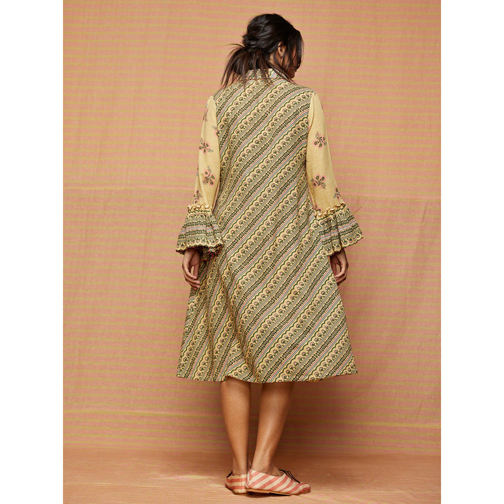 Swati Vijaivargie Beige Helen Print Blocked Gathered Dress