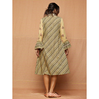 Swati Vijaivargie Beige Helen Print Blocked Gathered Dress