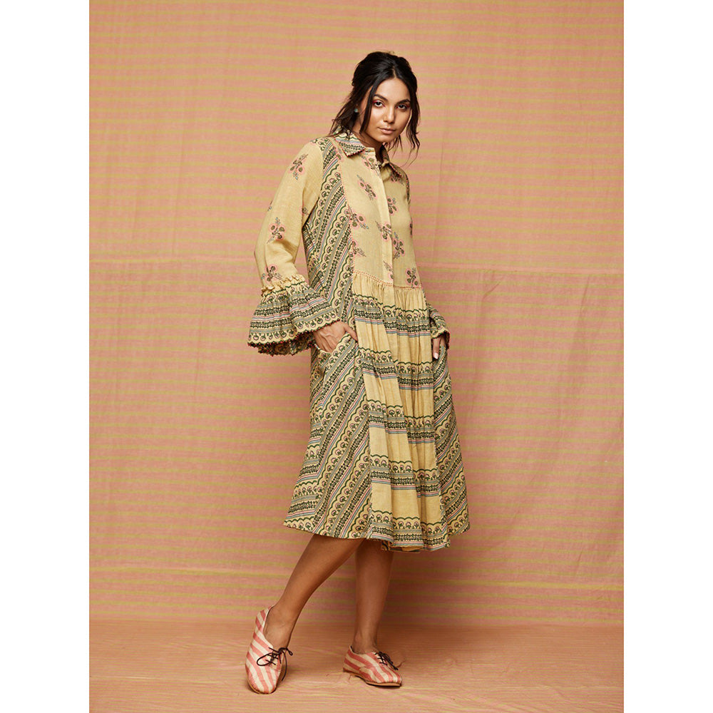 Swati Vijaivargie Beige Helen Print Blocked Gathered Dress