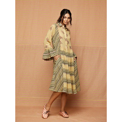 Swati Vijaivargie Beige Helen Print Blocked Gathered Dress