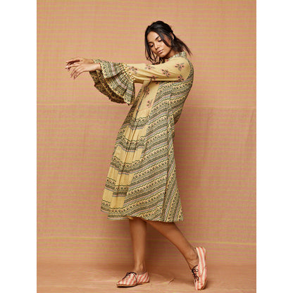 Swati Vijaivargie Beige Helen Print Blocked Gathered Dress