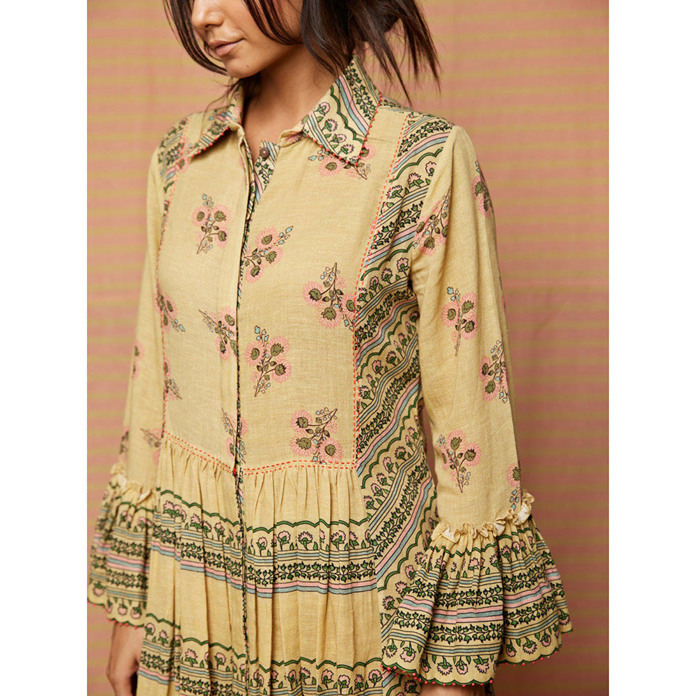 Swati Vijaivargie Beige Helen Print Blocked Gathered Dress