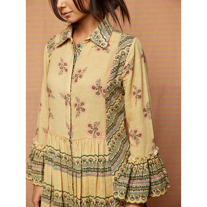 Swati Vijaivargie Beige Helen Print Blocked Gathered Dress