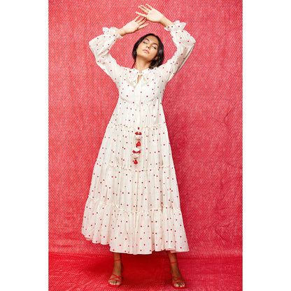 Swati Vijaivargie Rose White With Red Buti Boho Dress