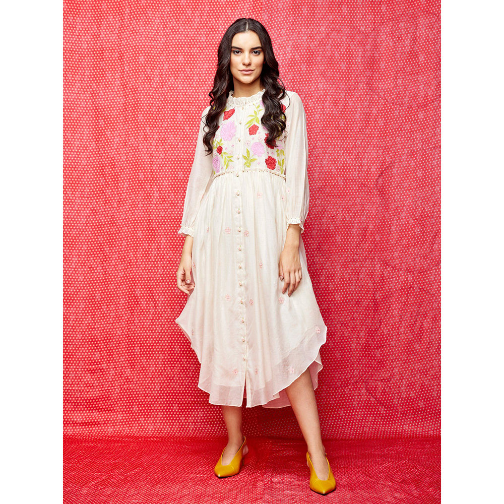 Swati Vijaivargie Rose White Multi Applique Round Hem Dress