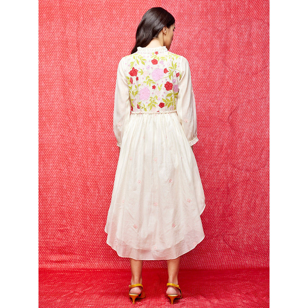Swati Vijaivargie Rose White Multi Applique Round Hem Dress