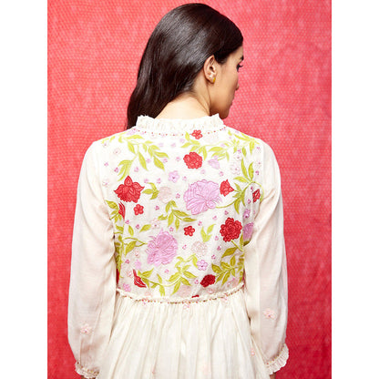 Swati Vijaivargie Rose White Multi Applique Round Hem Dress