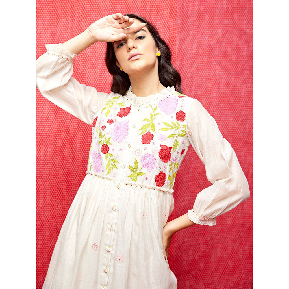 Swati Vijaivargie Rose White Multi Applique Round Hem Dress