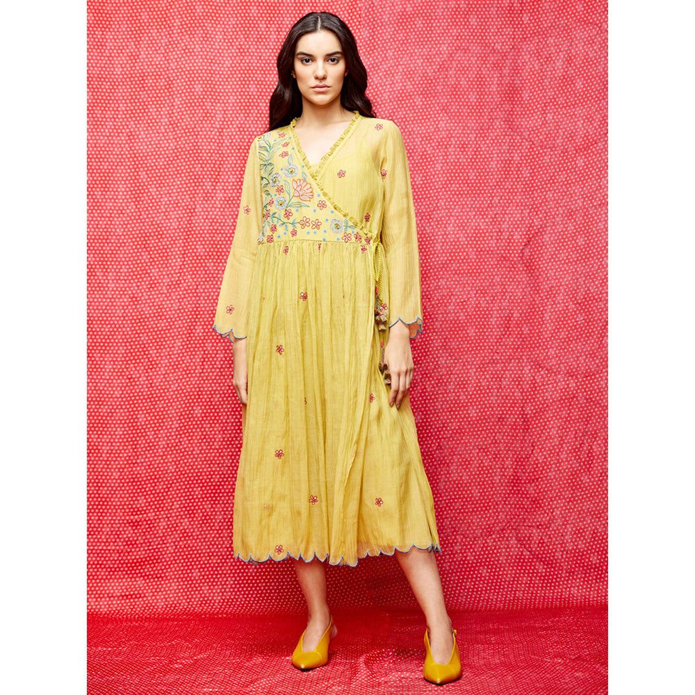 Swati Vijaivargie Rose Yellow Embroidered Wrap Dress