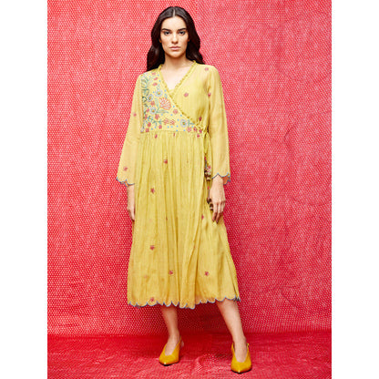 Swati Vijaivargie Rose Yellow Embroidered Wrap Dress