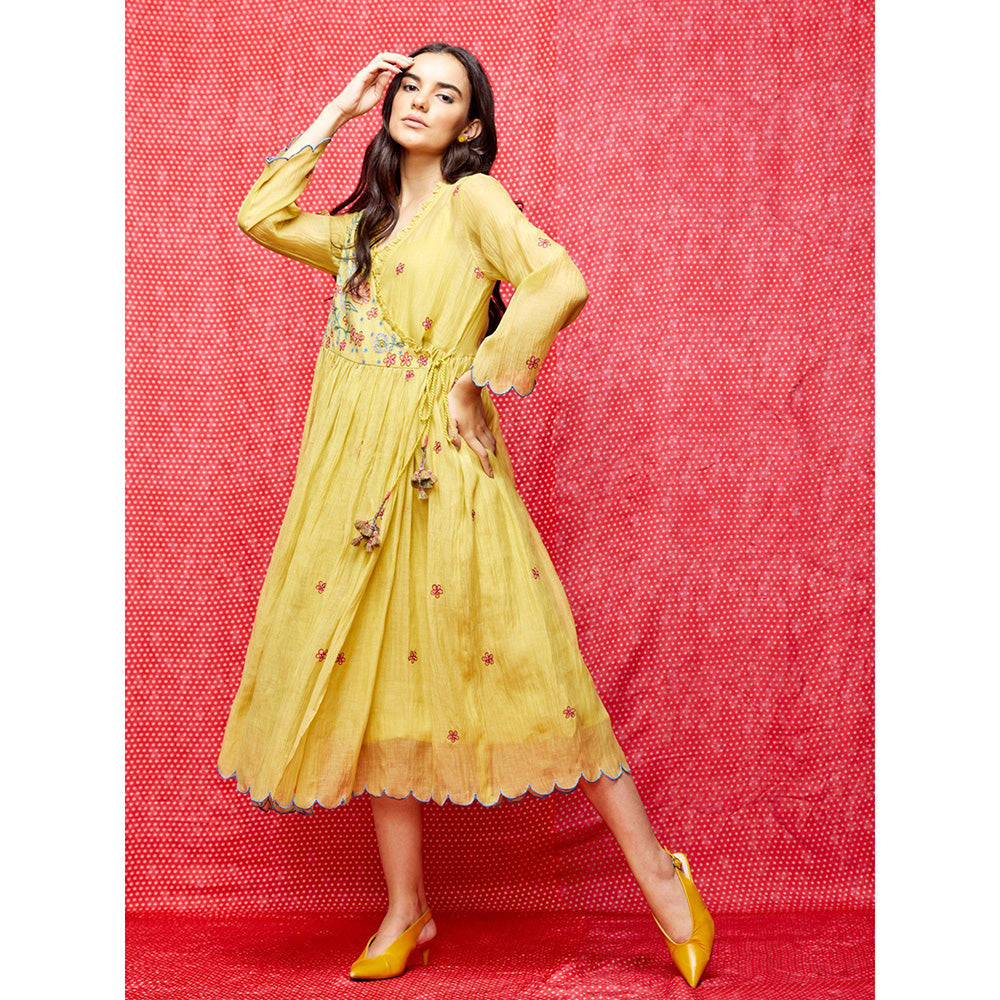 Swati Vijaivargie Rose Yellow Embroidered Wrap Dress