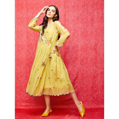 Swati Vijaivargie Rose Yellow Embroidered Wrap Dress