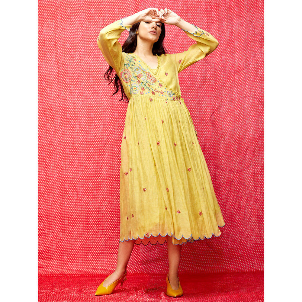 Swati Vijaivargie Rose Yellow Embroidered Wrap Dress
