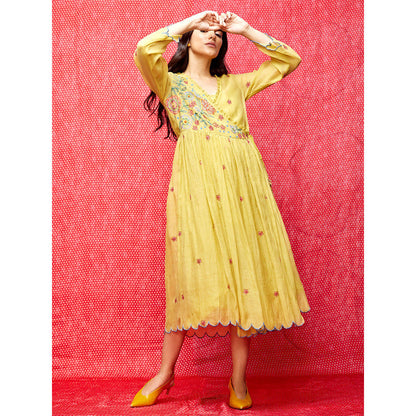 Swati Vijaivargie Rose Yellow Embroidered Wrap Dress
