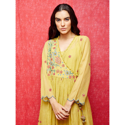 Swati Vijaivargie Rose Yellow Embroidered Wrap Dress
