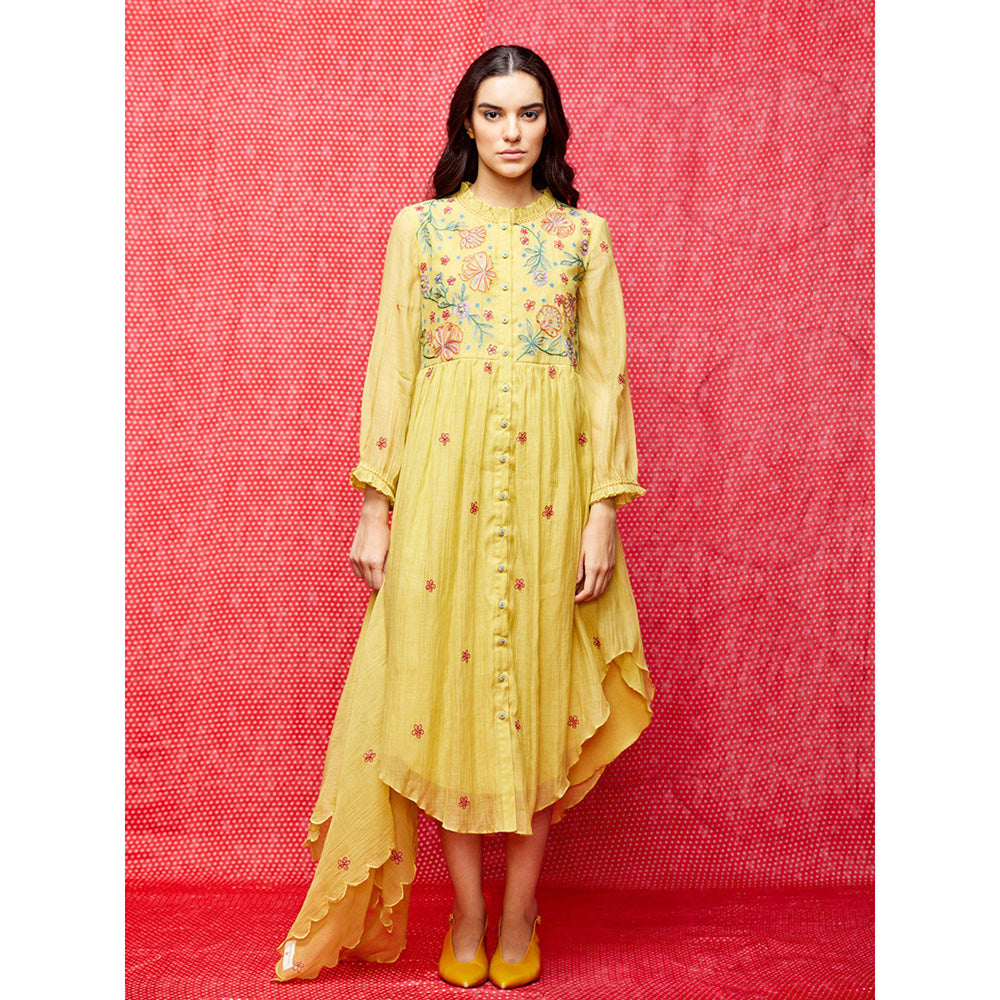 Swati Vijaivargie Rose Yellow Embroidered Round Hem Dress