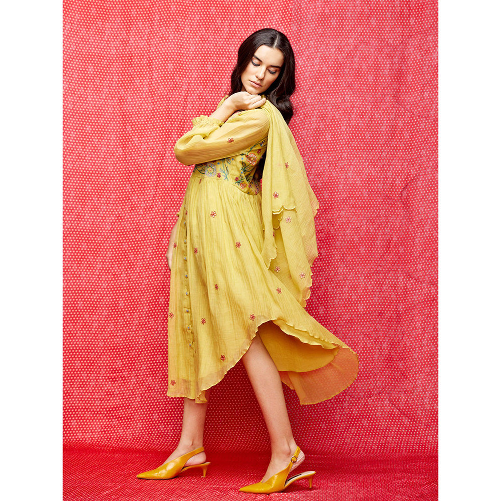 Swati Vijaivargie Rose Yellow Embroidered Round Hem Dress