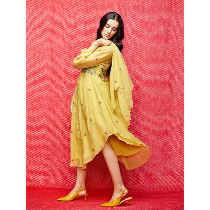 Swati Vijaivargie Rose Yellow Embroidered Round Hem Dress