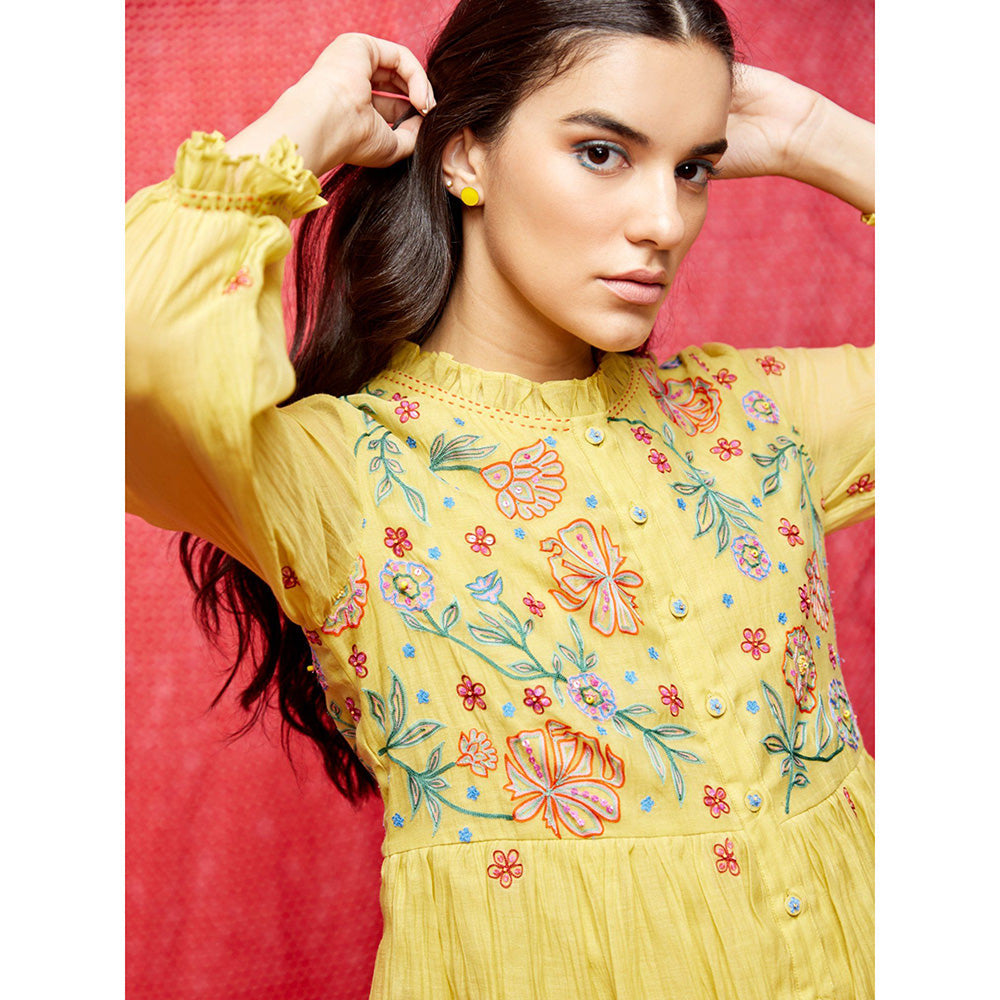 Swati Vijaivargie Rose Yellow Embroidered Round Hem Dress