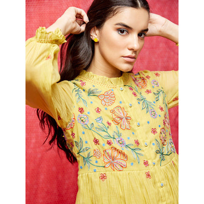 Swati Vijaivargie Rose Yellow Embroidered Round Hem Dress
